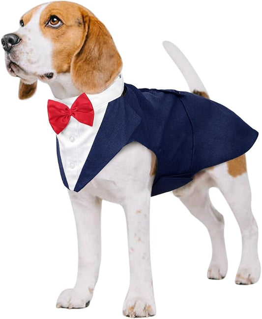 Kuoser Dog Tuxedo Dog Suit and Bandana Set, Dogs Tuxedo Wedding Party Suit, Doggy Prince Bow Tie Shirt Formal Pet Wedding Attire for Large Medium and Small Dogs Golden Retriever Samo Bulldogs