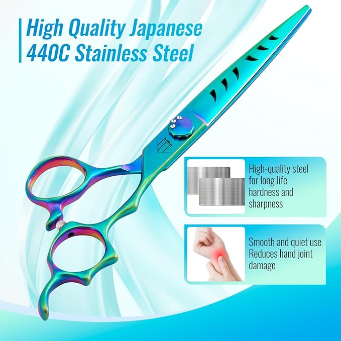 Dog Grooming Scissors: 7" Straight Pet Shears Skeletonized blade Made Of Japanese 440C for Trimming Dogs Cats and Other Pets Green