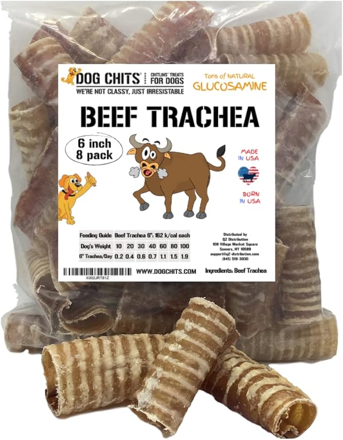 Dog Chits Beef Trachea for Dogs - Dog and Puppy Chews | Amazing for Joints | Made in USA | 6 in, 8 Pack | All-Natural Treats | Large and Small Dogs | Nothing Added