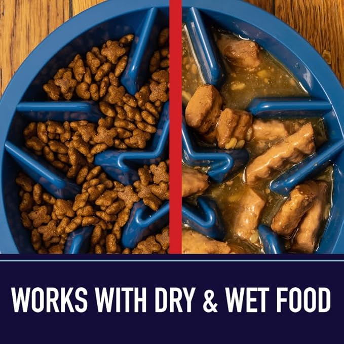 Leashboss Dog Bowl Slow Feeder for Raised Pet Feeders - Maze Food Bowl Compatible with Elevated Diners for Neater Pet Eating (1.5 Cup - 6-6.25 Inch Feeder Holes, Blue)