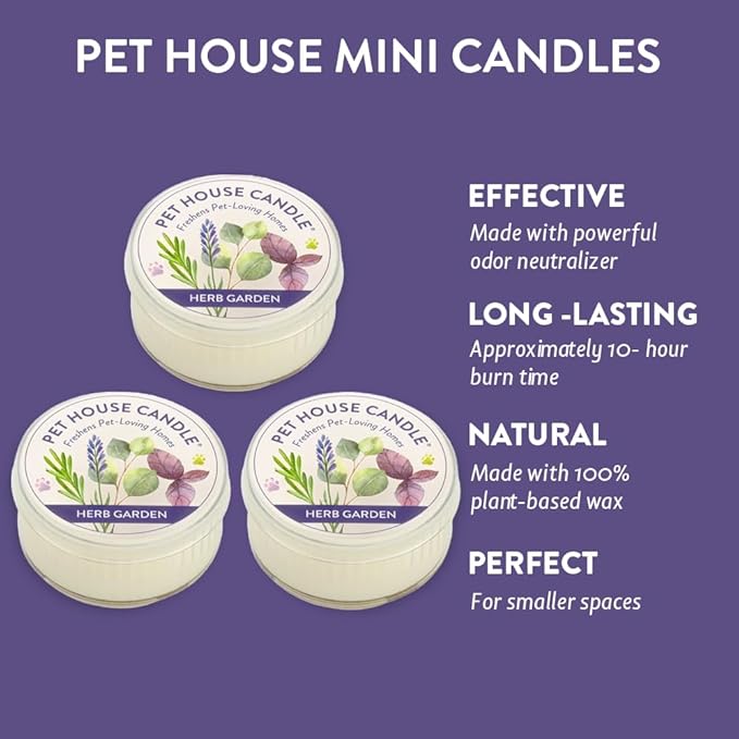Pet House Mini Candles for Pet Odor Made with Natural Soy Wax, Plant Based, Dog and Cat Friendly Scented, Herb Garden Pack of 3