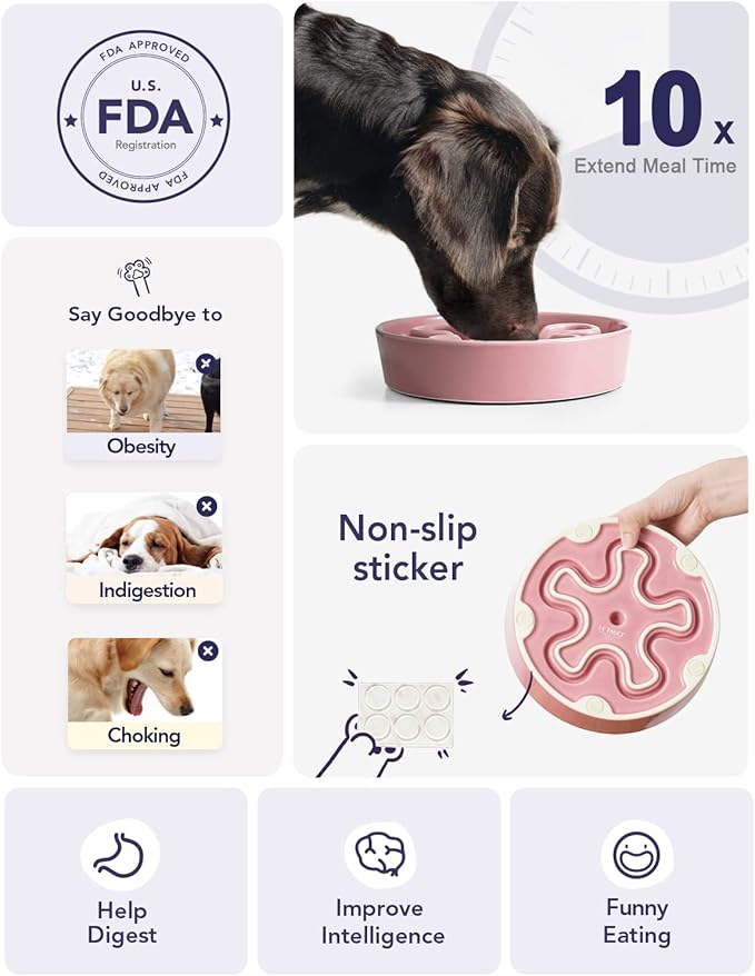 LE TAUCI Dog Bowls Slow Feeder, 1.5 Cup Ceramic, Puzzle Feeder for Fast Eaters, Pink Bloom