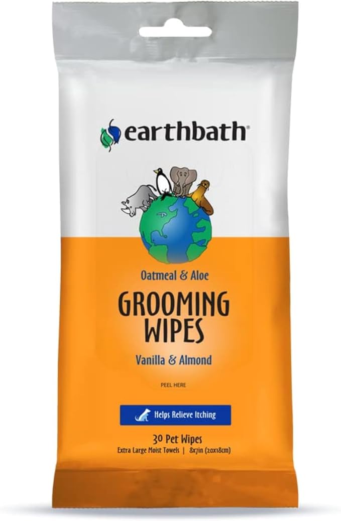 earthbath, Oatmeal & Aloe Grooming Wipes - Dog Wipes for Paws and Butt, Best Pet Wipes for Dogs & Cats, Helps Relieve Itchy & Dry Skin, Made in USA, Cruelty-Free - Vanilla & Almond 30 Count (1 Pack)