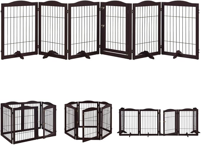beeNbkks Extra Wide Pet Gate, 6 Panels Freestanding Dog Gate with Walk Through Door and 5 Support Feet, Foldable Pet Barrier Fence for Stairs Doorways Fireplace, Indoor Exercise Playpen for Dogs Cats