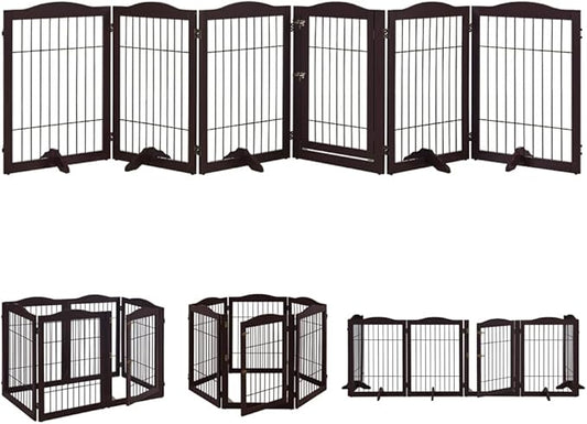beeNbkks Extra Wide Pet Gate, 6 Panels Freestanding Dog Gate with Walk Through Door and 5 Support Feet, Foldable Pet Barrier Fence for Stairs Doorways Fireplace, Indoor Exercise Playpen for Dogs Cats