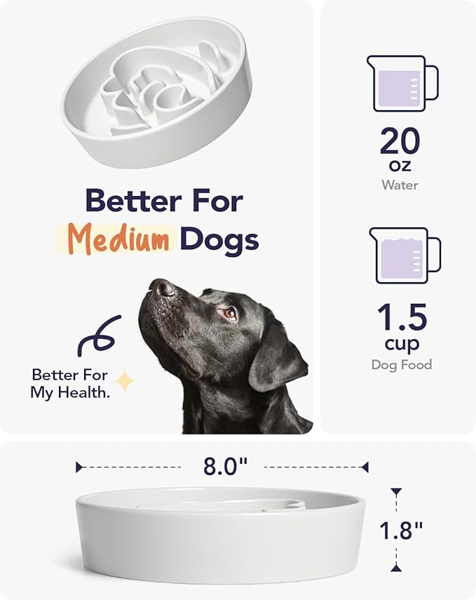 LE TAUCI Angel White Slow Feeder Ceramic Dog Bowl for Slowing Down Fast Eaters, 1.5 Cups, Small to Medium Breed, Ideal for Puppies and Adults
