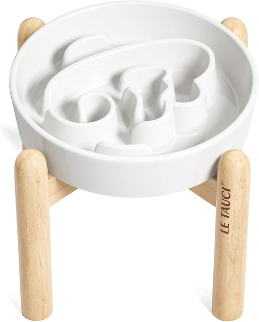 LE TAUCI Ceramic Slow Feeder Dog Bowls Elevated, 1.5 Cups Raised Dog Bowl with Wooden Stand for Small Medium Breed, Dog Dishes to Slow Down Eating, Puzzle Dog Food Bowl, Angel White