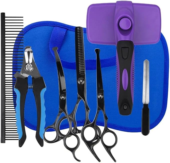7 Pieces Professional Grooming Scissors Kit with Curved, Thinning, Straight Scissors, Nail Clipper, Nail File and Pet Hair Removal Comb for Pet Dogs & Cats
