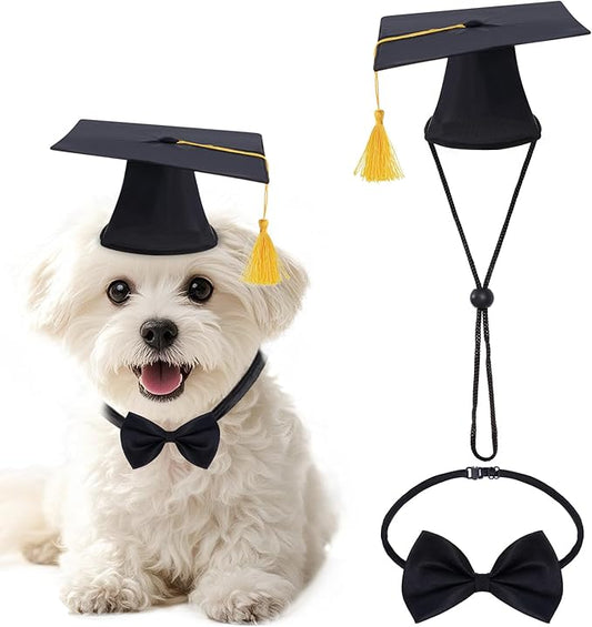 Pet Graduation Caps with Bow Tie Dog Graduation Hat with Yellow Tassel Pet Grad Costume Accessory for Small Dogs Cats Party Outfit