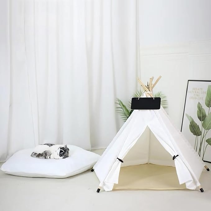Dog and Cat Teepee Bed - Portable Pet Tent for Small Dogs and Indoor Cats, Removable & Washable With Cozy Cushion, Bunny Outdoor House (White, L)
