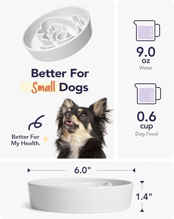 LE TAUCI Ceramic Slow Feeder Dog Bowls Small Breed, 0.6 Cups Dog Food Dish for Fast Eaters, Puzzle Bowl for Small Dogs and Cats, White