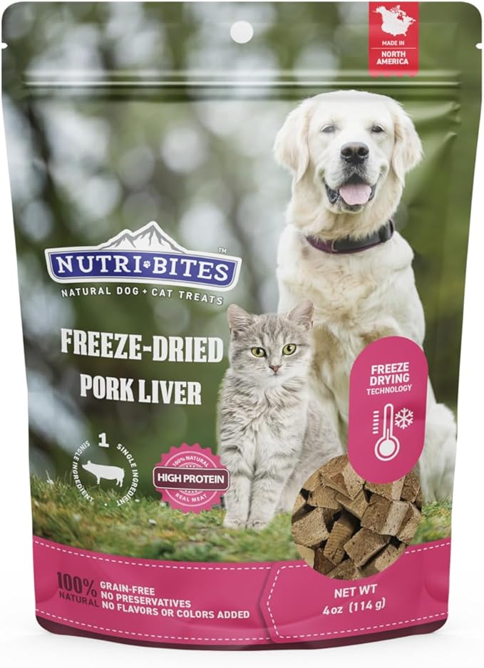 Nutri Bites Freeze Dried Pork Liver Dog & Cat Treats, 4oz | Healthy Pet Training Treats or Food Topper | All Natural, Single Ingredient, High Protein | Great for Puppy, Small, Medium, or Large Breeds