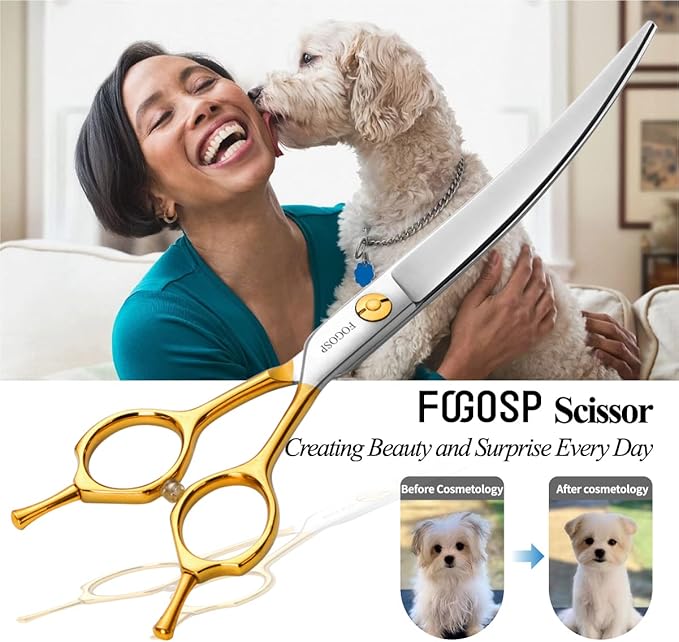 Curved Dog Grooming Scissors Professional 7" Grooming Shears for Dogs Pet Right Handed Groomer Japan 440C Stainless Steel (7 in Curved, Gold)