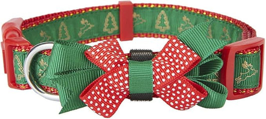 Christmas Festival Dog Collar, Deer Pattern, Removable Bowtie, for Medium Dog, Neck 12"-18", Width 3/4". (Medium, Deer)