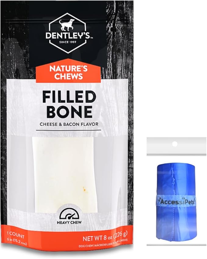 Filled Dog Bones Bundles for Large Dogs, Large Stuffed Femur Bone Bundle with 1 Dog Waste Roll, Long-Lasting Dental Treats for Aggressive Chewers (Cheese & Bacon)