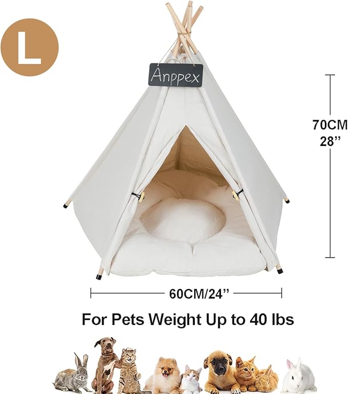 ANPPEX 28-Inch Dog Teepee Tent Indoor,L Size Pet Tent Bed for Medium and Small Dogs,Indoor Dog House with Thick Cushion,White