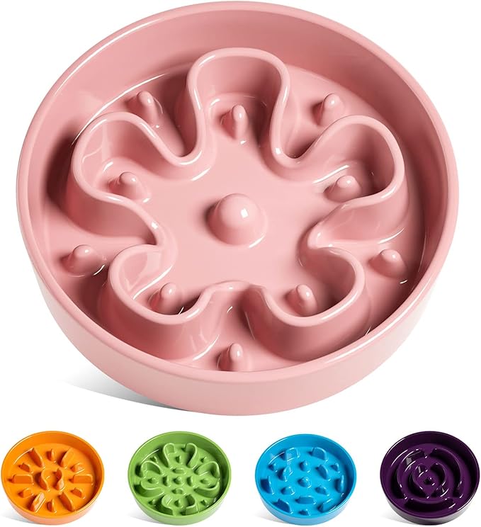 LE TAUCI Dog Bowls Slow Feeder, 1.5 Cup Ceramic, Puzzle Feeder for Fast Eaters, Pink Bloom