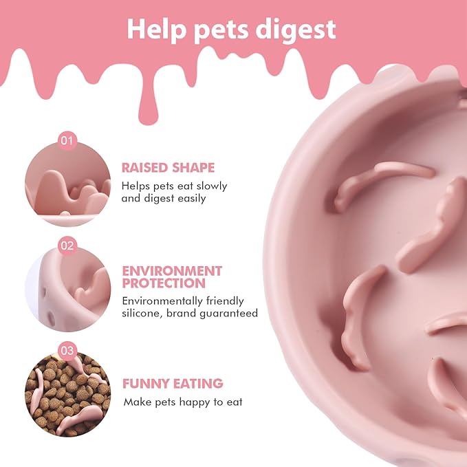 Silicone Slow Feeder Dog Bowls & Cat Bowls, 2 Cups Small Pet Food Bowl with Non-Slip Suction Base, Food-Grade Safe Puzzle Feeder for Small & Medium Dogs & Indoor Cats - Dishwasher & Microwave Safe