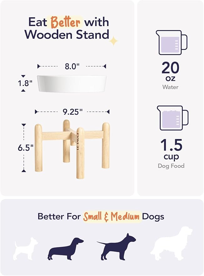 LE TAUCI Ceramic Slow Feeder Dog Bowls Elevated, 1.5 Cups Raised Dog Bowl with Wooden Stand for Small Medium Breed, Dog Dishes to Slow Down Eating, Puzzle Dog Food Bowl, Angel White
