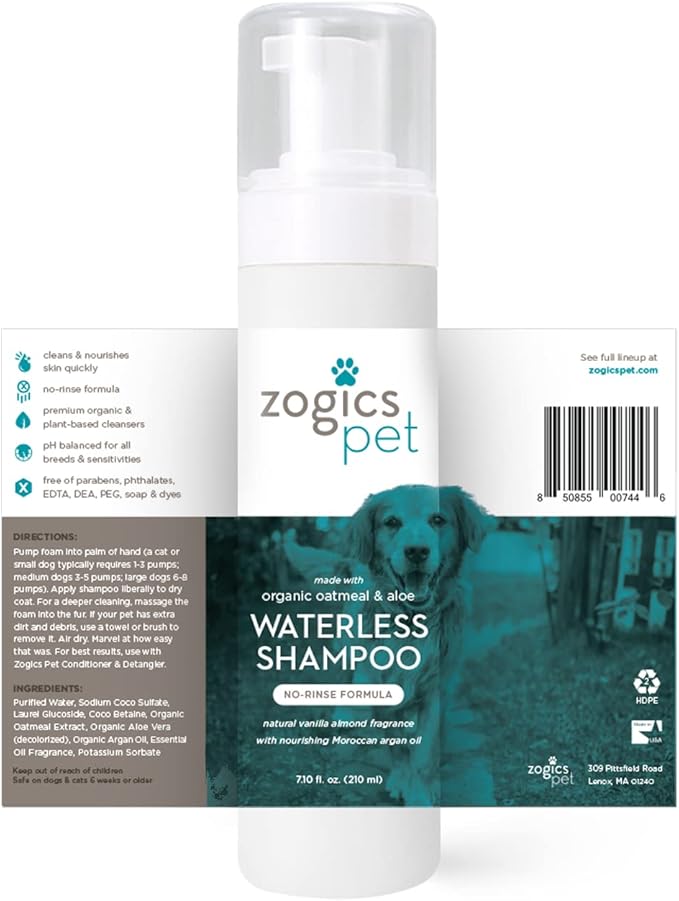 No Rinse Waterless Shampoo – Foaming Cleanser Pet Shampoo, Cruelty-Free and Nontoxic, Hypoallergenic Dog Shampoo Formula Made with Organic Oatmeal, Aloe, and Argan Oil (7.10oz)
