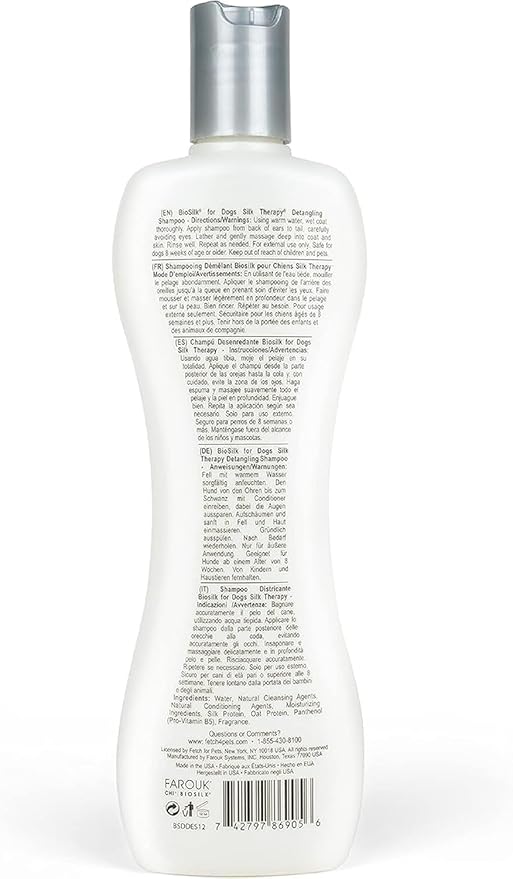 BioSilk Silk Therapy Detangling Dog Shampoo | Sulfate and Paraben Free | Matted Hair Detangler for All Adult Dogs, 12 Fl Oz - 2 Pack