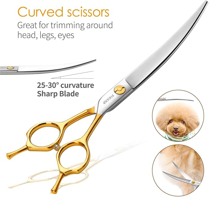 Dog Grooming Scissors Kit 4pcs 7 inch Professional Dog Grooming Shears Set Curved Thinning Straight Chunkers for Dogs Cat Pets (7 in Kit, Gold)
