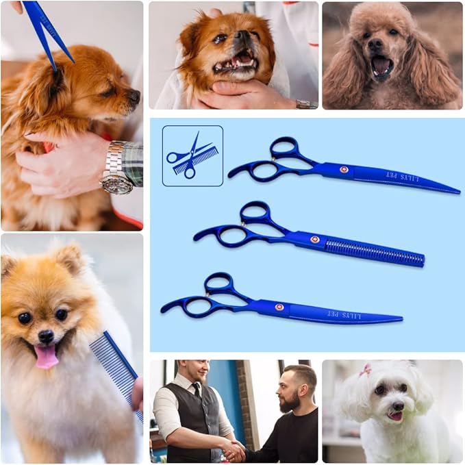 LILYS PET Professional PET DOG Grooming Coated Titanium scissors suit Cutting&Curved&Thinning shears (7.5 inches, Blue)…