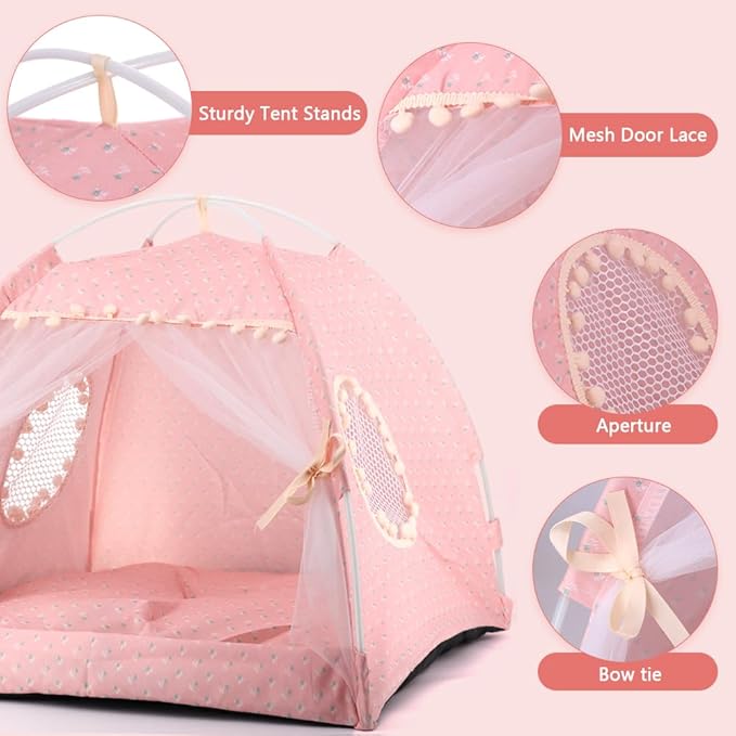 pawstrip Dog Tent Indoor Cat House Pink Puppy Bed Portable Pet Teepe Princess Dog Camping Tent Outdoor Kitten Houses Cute Bunny Nest Girl Kitty Cave (L, Light Pink)