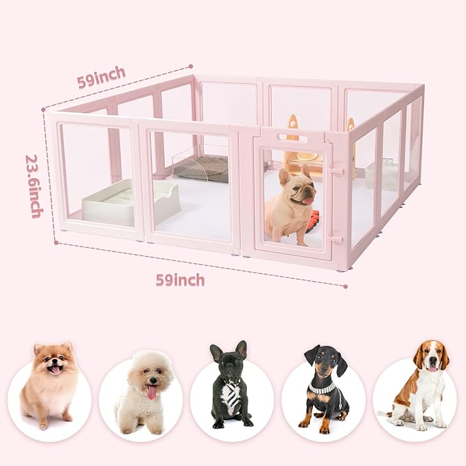 DIY Clear Acrylic Dog Playpen House,Quick Easy Assembly and Disassembly,Strong Floor Suction,Indoor and Outdoor Use,Easy Cleansing Puppy Fence (Skin Pink, 23.6" H, 2PCS)