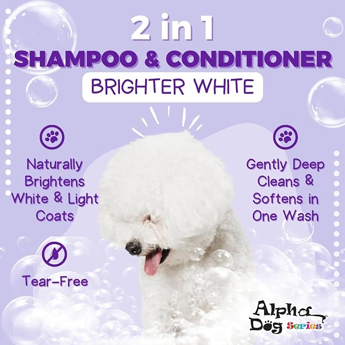 Alpha Dog Series Bright White Natural Whitening Dog Shampoo and Conditioner for Dogs with Aloe Vera, pH Balanced Dog Shampoo and Conditioner Set, Tear-Free for Sensitive Skin 26.4 Oz (Pack of 2)