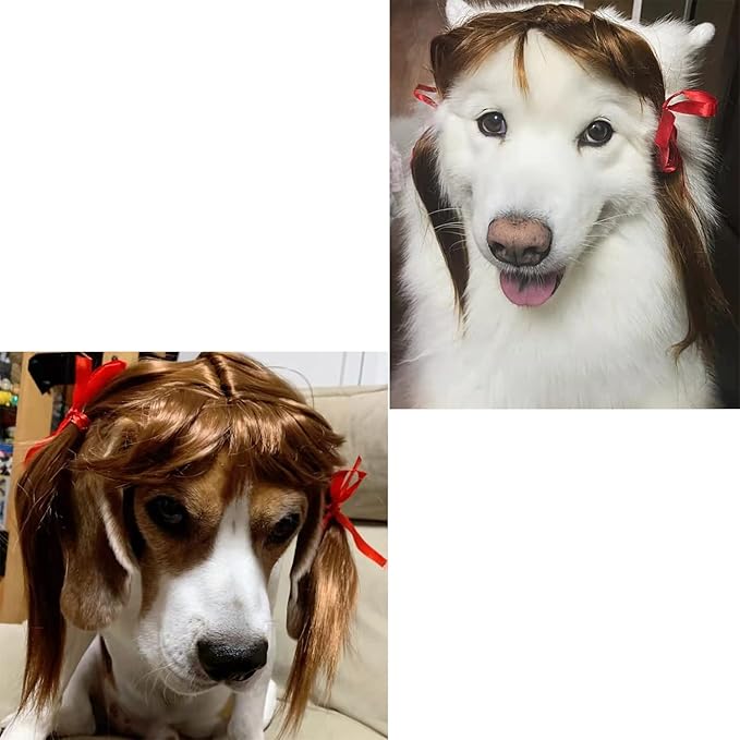 pet k9 Funny Dog Cosplay Wig, Headwear Apparel Toy,Pet Costumes, Cat Dress up for Halloween, Christmas, Parties, Festivals, Dog Wigs for Small Medium and Large Sized Dogs (Brown Braids)