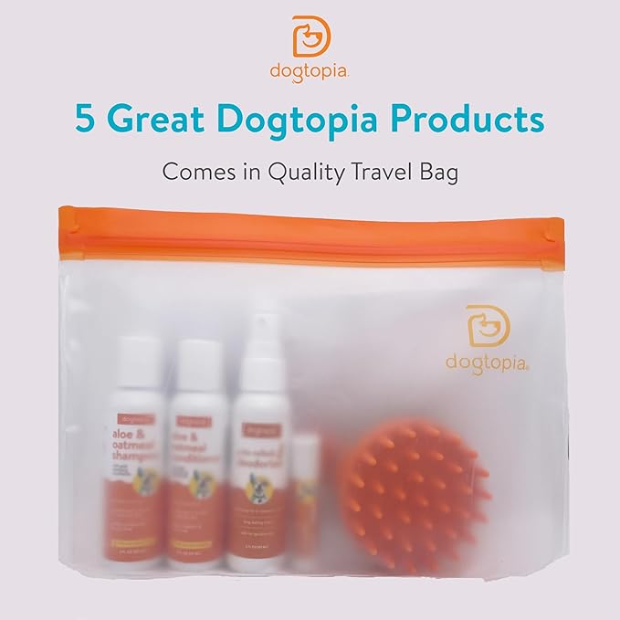 Dog Bath Travel Kit | Aloe & Oatmeal Shampoo & Conditioner | Pina Colada Deodorizer | Nose Balm | Bath Brush Bath Gift Set | Bath Sampler Grooming Kit