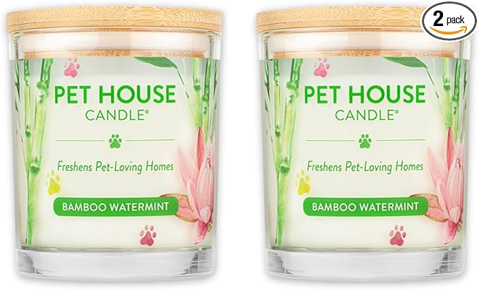 One Fur All Pet House Candle - 2 Pack, Plant-Based, Clean Burning, Long Lasting, Pet Odor, Bamboo Watermint
