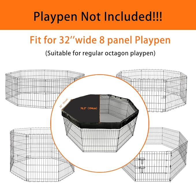 PJYuCien Dog Playpen Mesh Top Cover, Fits 32 Inch 8 Panels Regular Octagon Metal Exercise Pet Playpen, Adhesive Tape Connections, Black (Note: Cover Only, Fence Not Included)