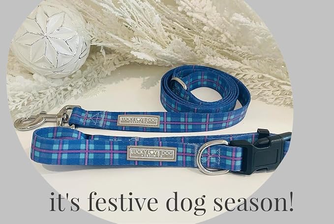 Lucky Love Dog, Blue and Violet Plaid Dog Collar and Leash Set, Adjustable & Comfy Combo Set for Boy and Girl Dogs - (Medium, Scotty Combo)
