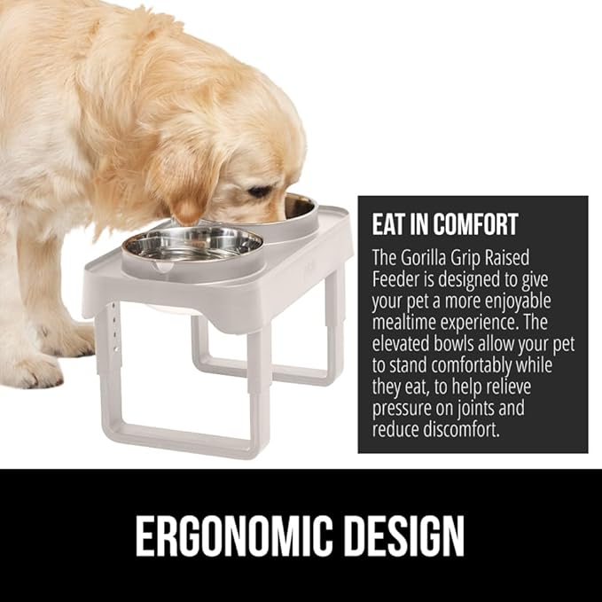 GORILLA GRIP Elevated Dog Bowls Stand, 6 Cup Stainless Steel Food Bowl Set of 2, 5 Height Adjustable Raised Feeding Station for Small Breed Puppy Dogs and Cats, Medium, Large Sized Pets Feeder, Beige