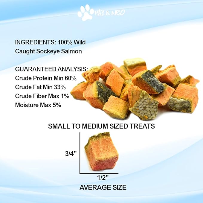 Max and Neo Freeze Dried Wild Caught Sockeye Salmon Dog Treats - Single Ingredient, Wild Caught Pacific Northwest Sockeye Salmon, Human Grade - We Donate 1 for 1 to Dog Rescues for Every Product Sold