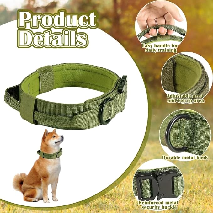 Tactical Dog Collar with Handle, Heavy Duty Military Dog Collar with Heavy Metal Buckle for Training, Adjustable Tactical Collars for for Medium and Large Dogs (M, Green)