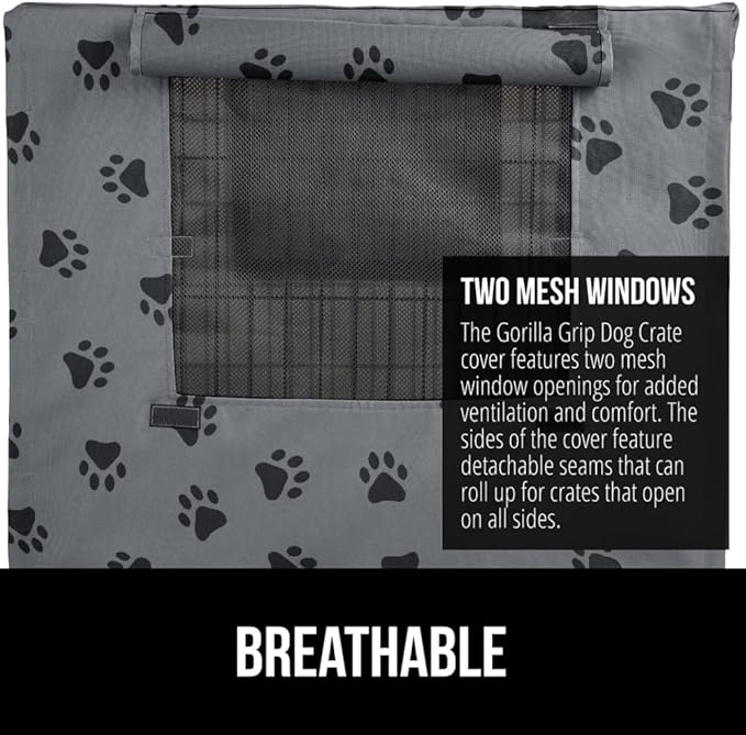 GORILLA GRIP Dog Crate Covers compatible with Amazon Basics Dog Crates, All Sides Open, Privacy Cover Fits 48" Wire Kennel, Breathable Mesh Windows, Light Reducing Puppy Training Cage Topper, Gray Paw