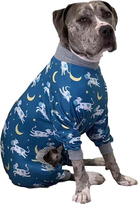 Tooth and Honey Pit Bull Pajamas/Cow Moon Star Print Dog Jumpsuit Onesie Full Coverage Lightweight Pullover Large Dog pjs