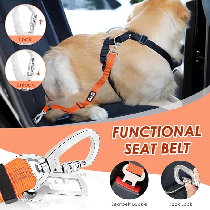 SlowTon Dog Seatbelt, 2 Pack Dog Seat Belt Car Leash Adjustable Elastic Bungee Buffer Heavy Duty Nylon Reflective Pet Safety Tether Connect to Dog Harness for Travel Riding in Vehicle (Daul Clip, OR)