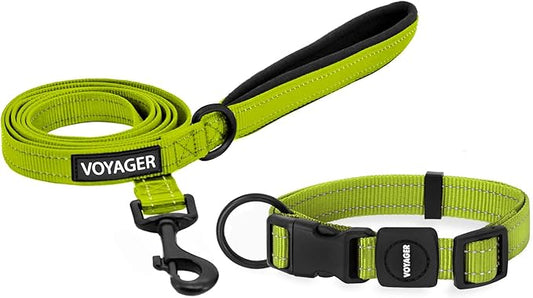 Voyager Reflective Dog Leash Collar Set with Neoprene Handle Supports Small, Medium, and Large Breed Puppies, Cute and Heavy Duty for Walking, Running, and Training - Lime Green, L