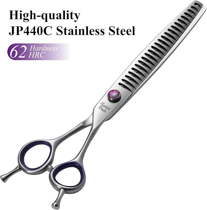 Fenice Peak 7'' Chunker Dog Grooming Scissors with Purple Finger Rings and Flashing Screw Professional 440C Stainless Steel Natural Color Pet Thinning Shears with Offset Handle Durable and Sharp