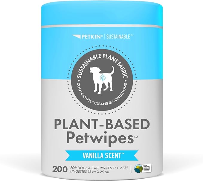 Petkin Plant-Based PetWipes, 200 Wipes - Biobased, Sustainable, Big & Thick Pet Wipes for Dogs & Cats - for Face, Paws, Ears, Body & Eye Area - Consciously Cleans & Conditions - Vanilla