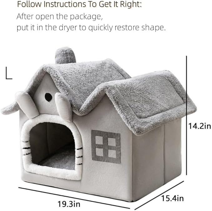 Luxury Double Roof Indoor Dog House Cat Nest,Foldable Warm Soft Kennel,30D High Elastic Memory Sponge,Removable Cushion and Non-Slip Bottom (Grey Double Roof, L)