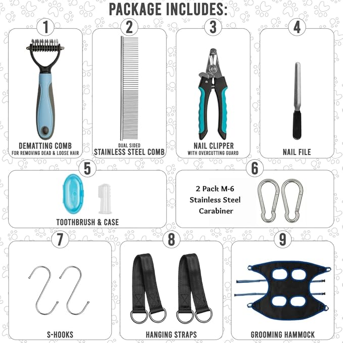 Cat & Dog Grooming Hammock - DIY Pet Grooming Kit With Sling, Nail File, Comb, and Trimmers - Small to Large Pets