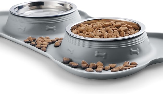 Hubulk Pet Dog Bowls 2 Stainless Steel with No Spill Non-Skid Silicone Mat + Pet Food Scoop Water and Food Feeder Bowls for Feeding Small Medium Large Dogs Cats Puppies ( Gray)