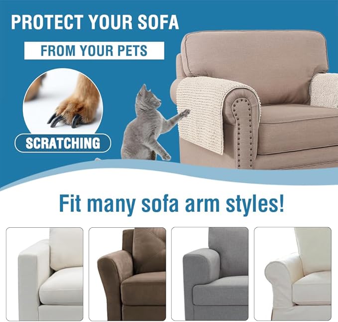 H.VERSAILTEX Plush Chenille Couch Armrest Cover 2 Packs Thick and Soft Sofa Covers Furniture Protector Cover for Pets (27.5" x 27.5", Ivory)