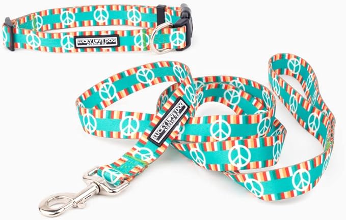Lucky Love Dog Collar Combo Set, Matching Collar and Leash for Extra Small Dogs, Peace Sign Dog Collar and Leash Set, Convenient & Reliable (Peace on Earth Combo, Extra Small)