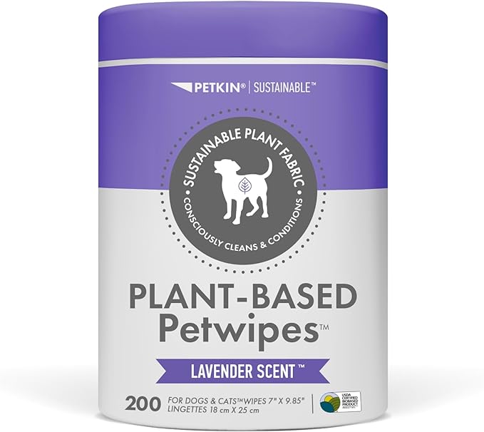 Petkin Plant-Based PetWipes, 200 Wipes - Biobased, Sustainable, Big & Thick Pet Wipes for Dogs & Cats - for Face, Paws, Ears, Body & Eye Area - Consciously Cleans & Conditions - Lavender